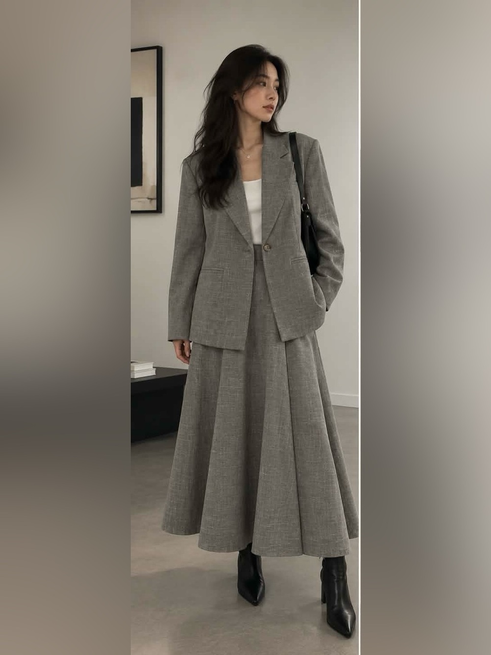 Sandro Ferrone Plaid Midi A-Line Skirt in Gray